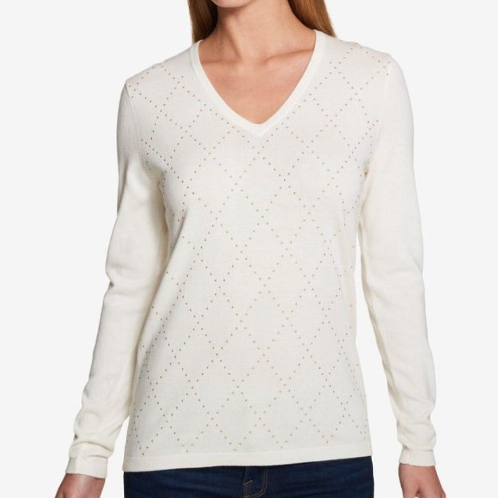 TOMMY HILFINGER WOMEN'S Ivy Studded Argyle Sweater V-neck  Size XSmall  NEW